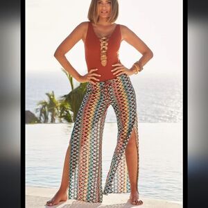 Becca By Rebecca Virtue Sundown Multi Color Split Leg Swim Cover-Up Pants Sz L